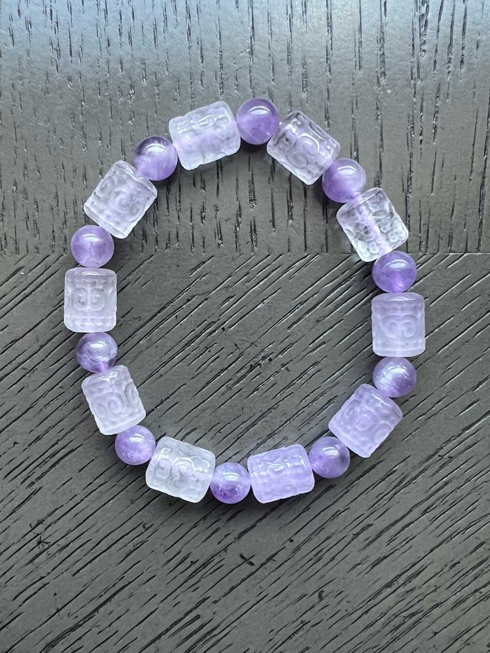 Fluorite lucky clouds barrel with amethyst bracelet 8-9mm SIZE 6.75’